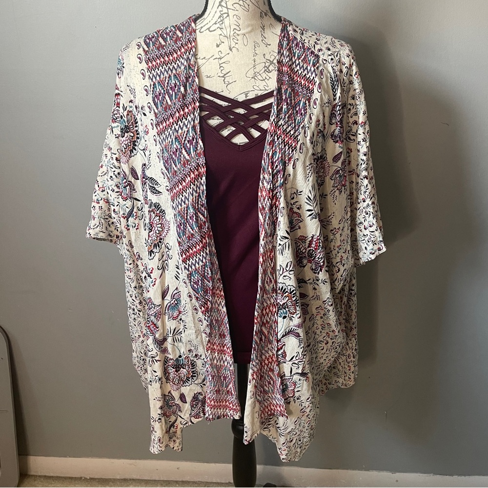 ANGIE geometric paisley print crepe short sleeve cardigan kimono